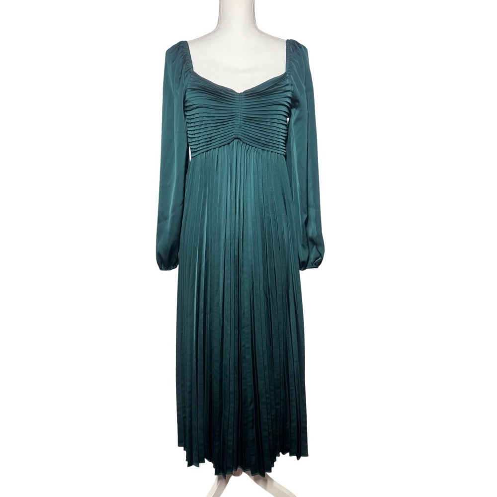 By The River Pleated Satin Midi Dress M Green Excellent Long Sleeve - Picture 1 of 6